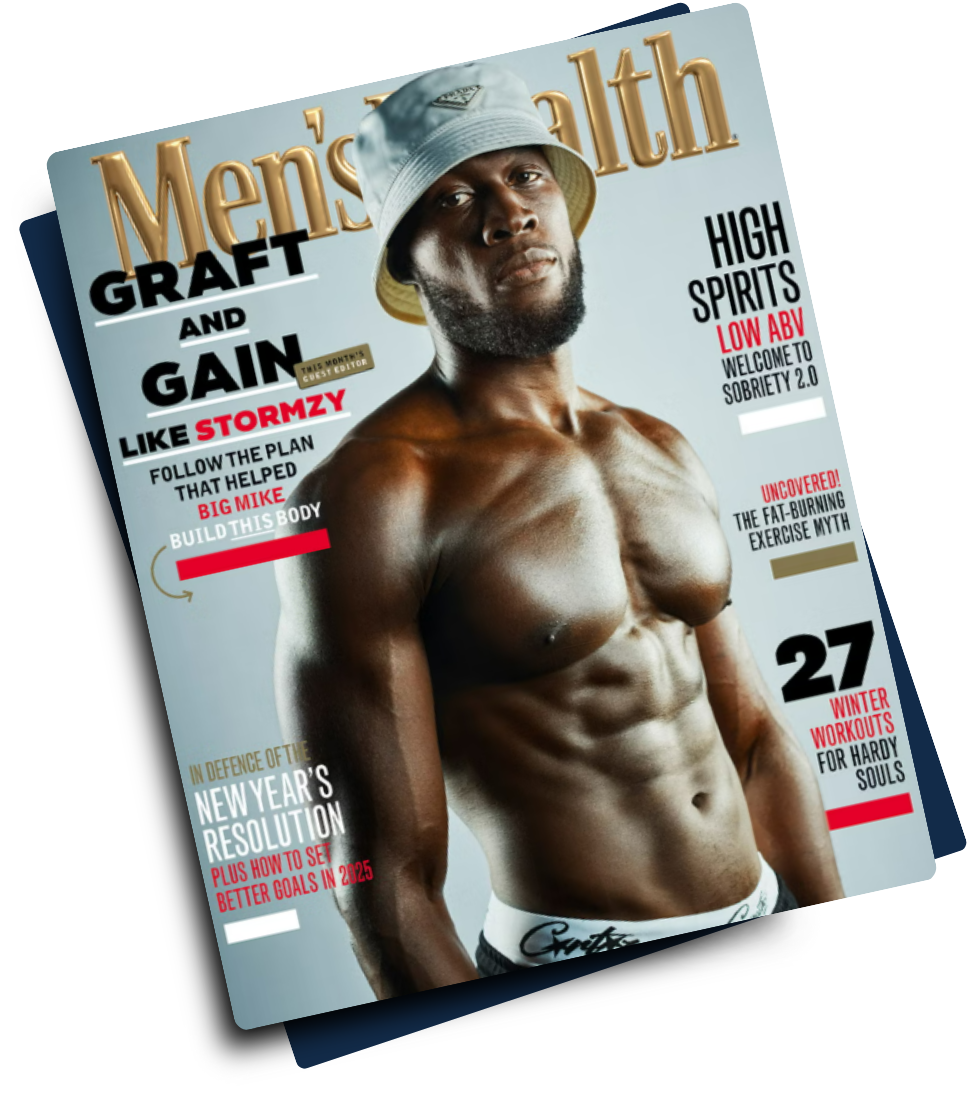 Men's Health magazine cover featuring Stormzy, showcasing his athletic physique and vibrant energy, a result of his tailored nutrition and training plan